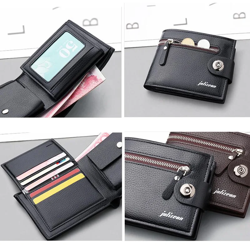 Men's Short PU Leather Fashionable Zipper Zero Wallet 5 Card Slot Folding Wallet High-quality Man Large Capacity Buckle Purse