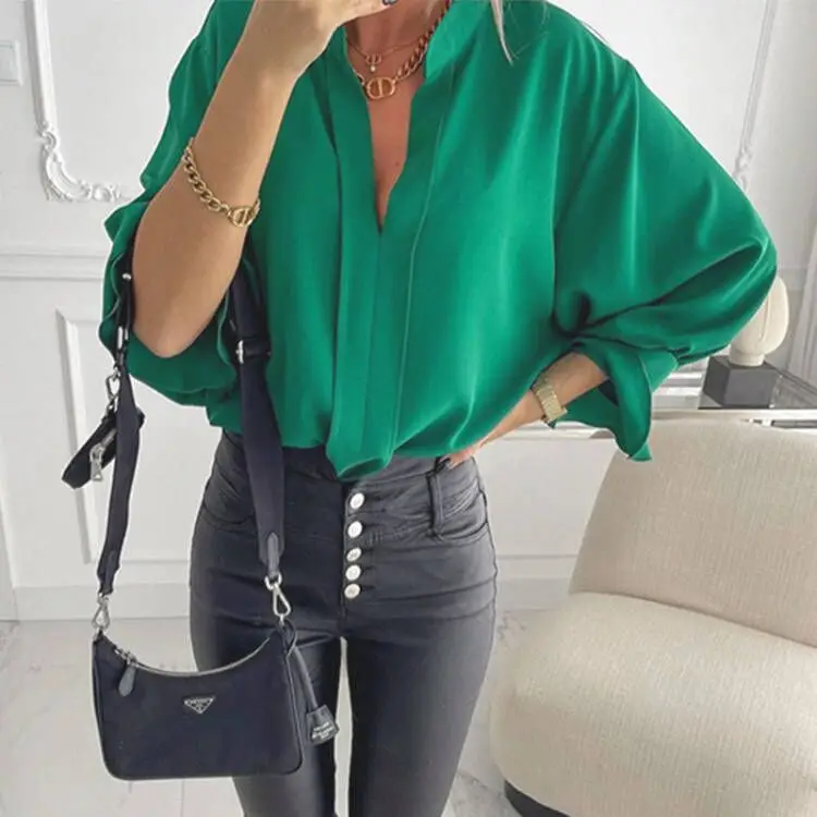 

Spring V Neck Solid Women Tops and Blouses Elegant Lantern Long Sleeve Loose Shirt Pullover 2022 Autumn Casual Streetwear Blusas