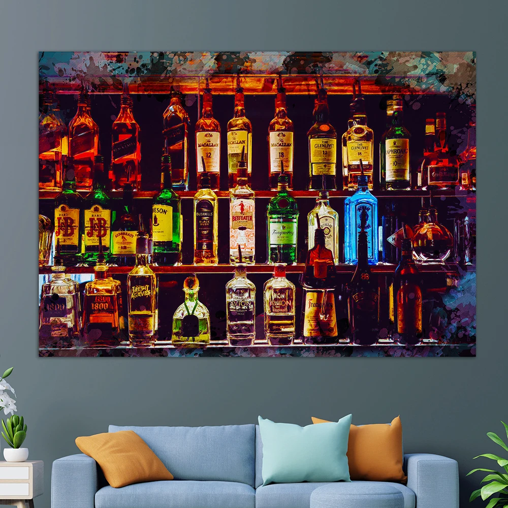 

Bottles with Alcohol Drinks Poster Restaurant Print Watercolor Canvas Painting Wall Art Picture Kitchen Pub Room Home Decoration
