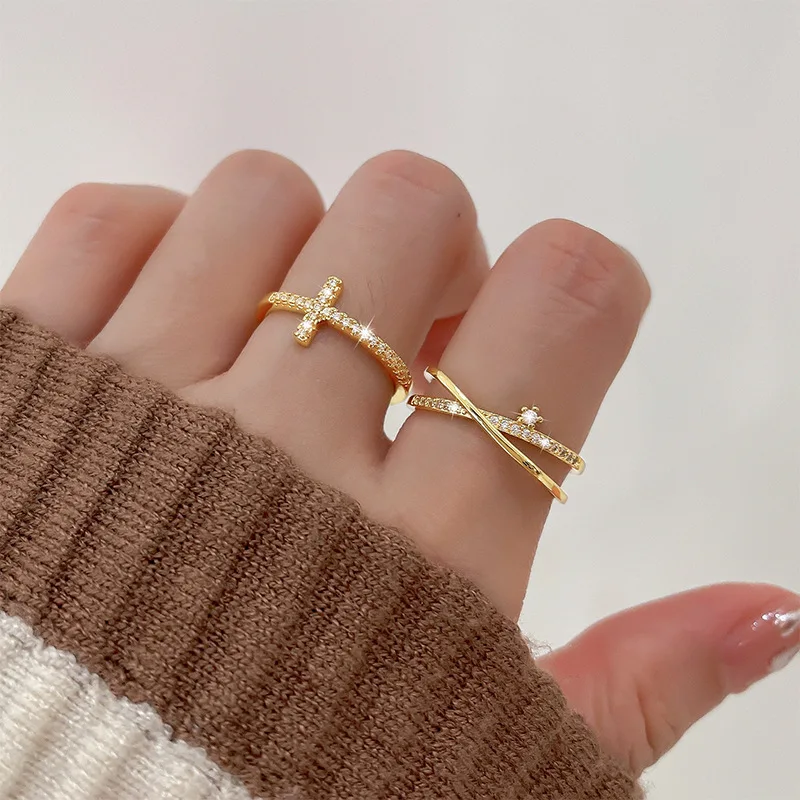 

2023 Women Rings Korean Fashion Gothic Accessories Cross Open Inlaid Zircon Cross Index Finger Gold Jewelry Engagement Ring