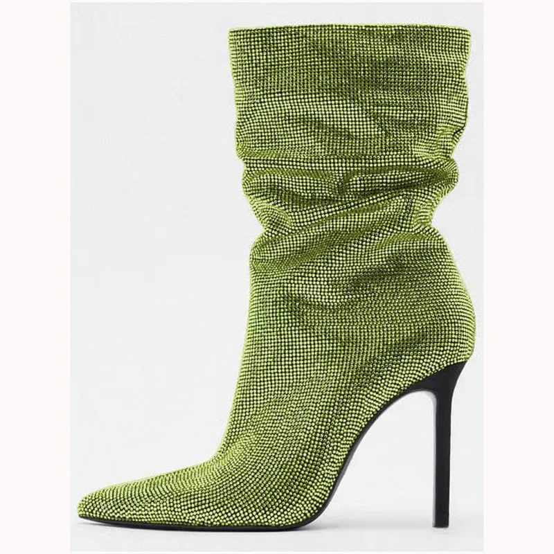 New Style Pointed Thin High-heeled Women's Boots Pleated Rhinestone Show Large Size Medium Boots Fashion Sleeve Short Boots