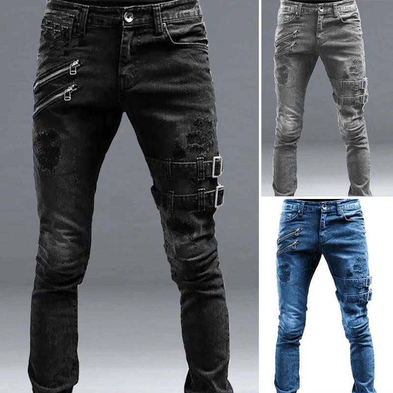 Black Slim Straight Leg Jeans Man Pants Cacual Ripped Jeans Male Streetwear Youth Man Clothes Moto Harajuku Long Denim Trousers