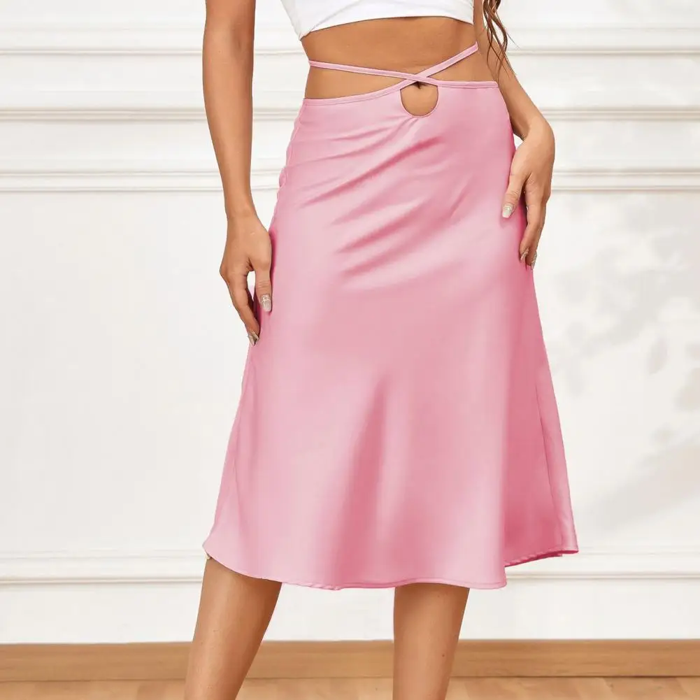 

Women Satin Skirt Solid Color Lace Up Stain Cross Strap High Waist Dating Skirt Female Clothes Long Skirt Faldas Mujer Moda 2022
