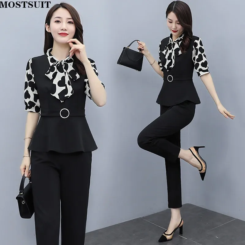 

Summer Elegant 2 Piece Set For Women Short Sleeve Chiffon Patchwork Printed Top + Pencil Pants Suits Fashion Outfits 2022