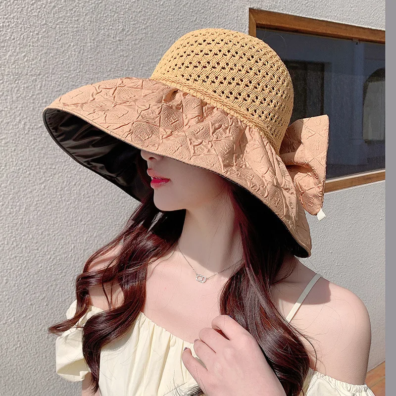 

2023 New Summer Wide Brim Sun Hat ForWomen Fashion Bow Empty Top Fisherman Cap Outdoor UV Protection Panama Bucket Cap