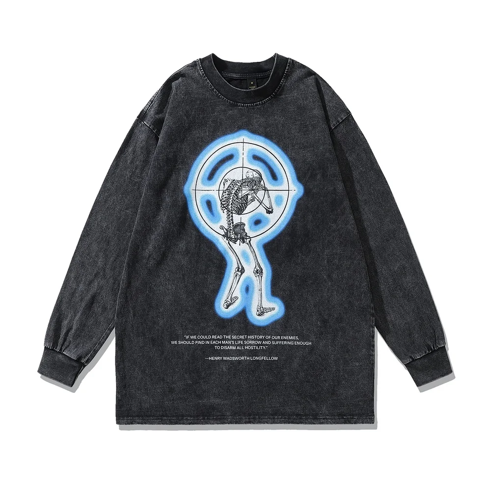 

Aim At The Skull Print Oversized Vintage T-shirt Y2k Grunge Goth Men Long Sleeve Tshirt Distressed Wash Black Cotton 2023