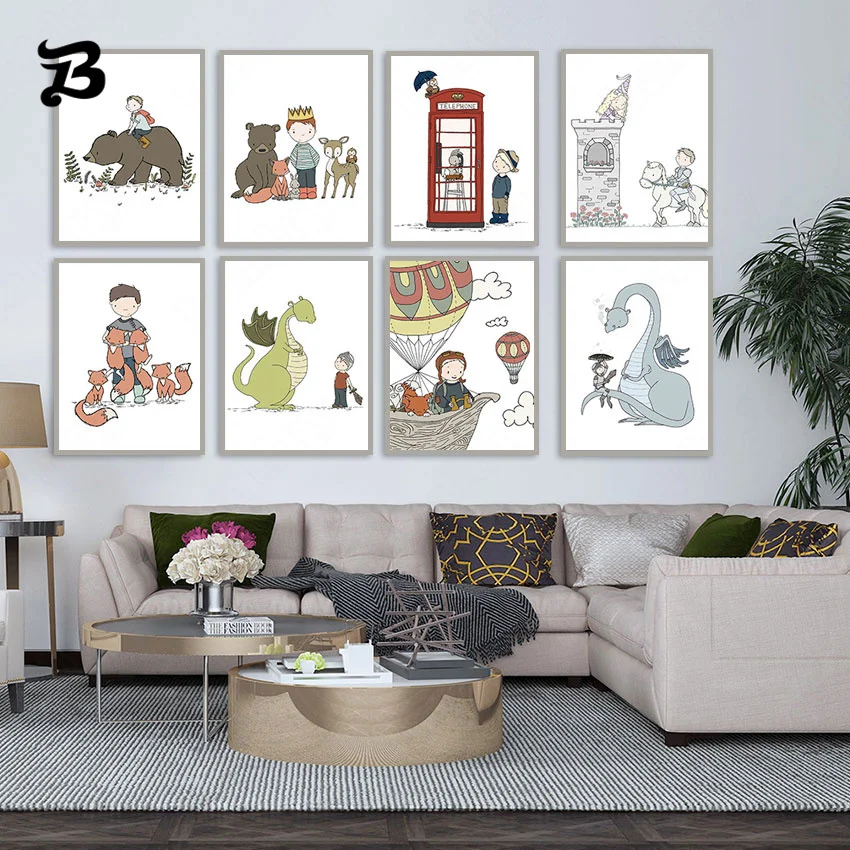 

Cartoon Fairy Tale Art Canvas Painting Dinosaur Knight Princess Bear Deer Fox Animal Wall Art Canvas Poster Kids Room Decoration