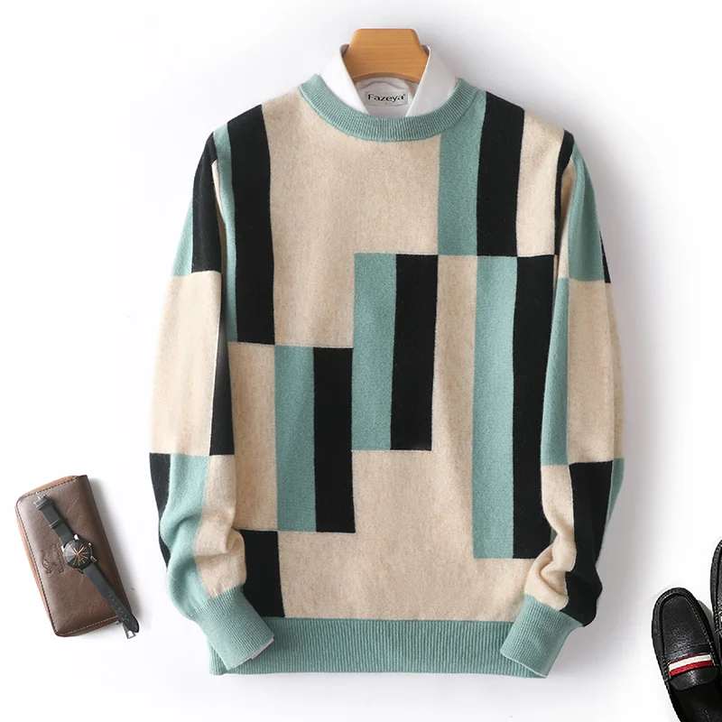 100% cashmere sweater men's round neck  pullover top autumn and winter new fashion square sweater