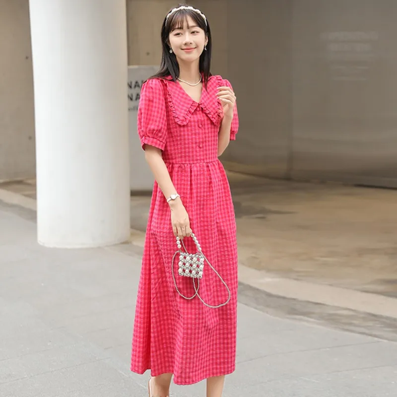 

Женское платье с воротником-куклой, повседневное клетчатое платье в Корейском стиле ретро на шнуровке, лето 2022