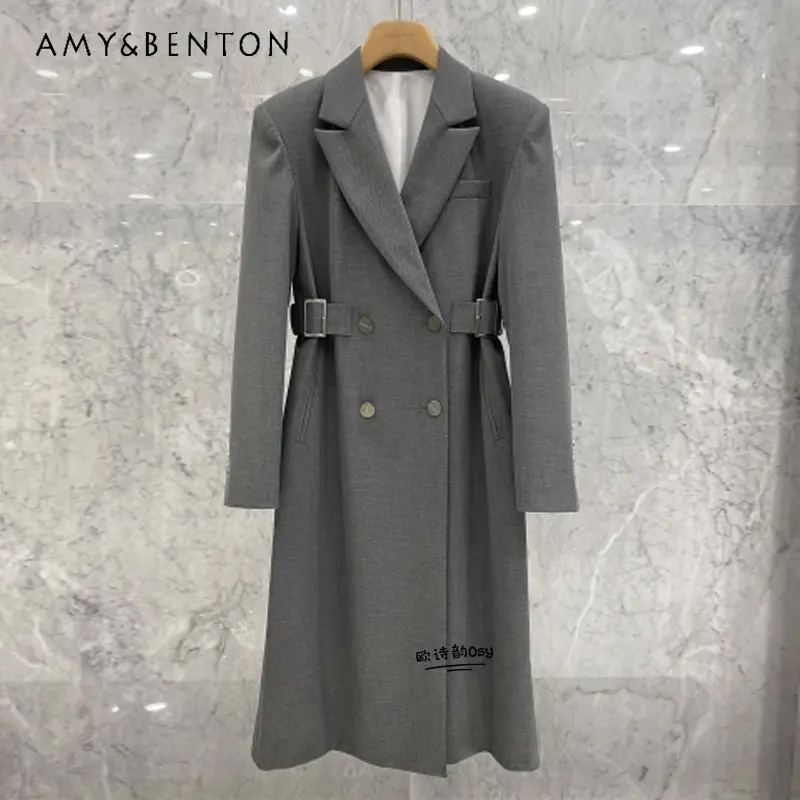 Temperament Leisure Gray Suit Jacket for Women Spring 2023 New Korean Style Loose Slimming and Fashionable Mid-Length Suit Coat