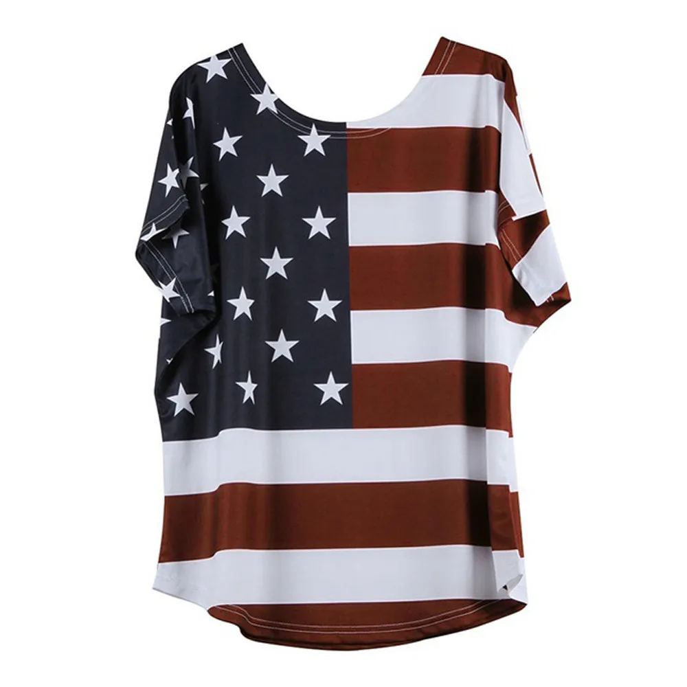 ISHOWTIENDA Plus Size Women Summer T-Shirts Casual Loose Tee Blouse Star Stripe USA Flag America M-5XL 4th of July Shirt