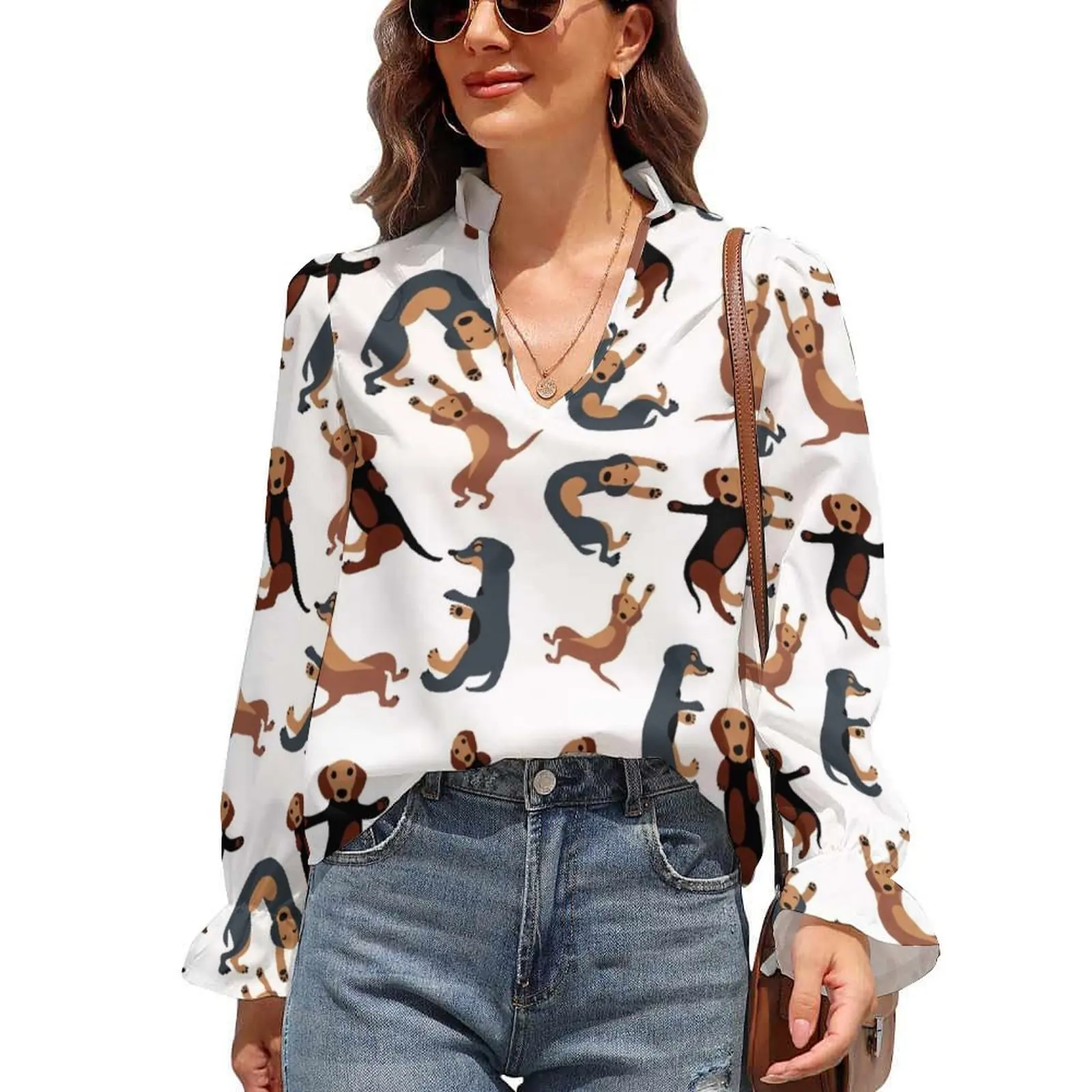 

Dachshund Blouse Dog Puffy Harajuku Office Women Shirt Sweet Long Sleeve Shirts