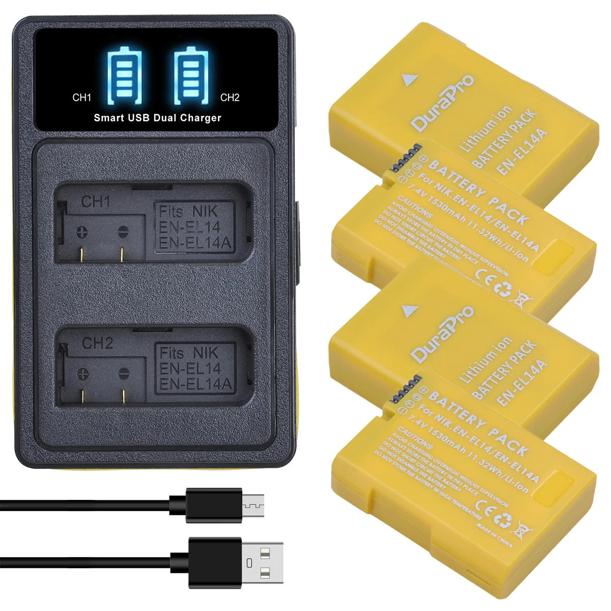 

DuraPro 1530mAH EN-EL14 EN-EL14A Battery +LED Charger with Type C Port For Nikon D3100 D3200 D3300 D3400 D5100 D5200 D5300 D5600
