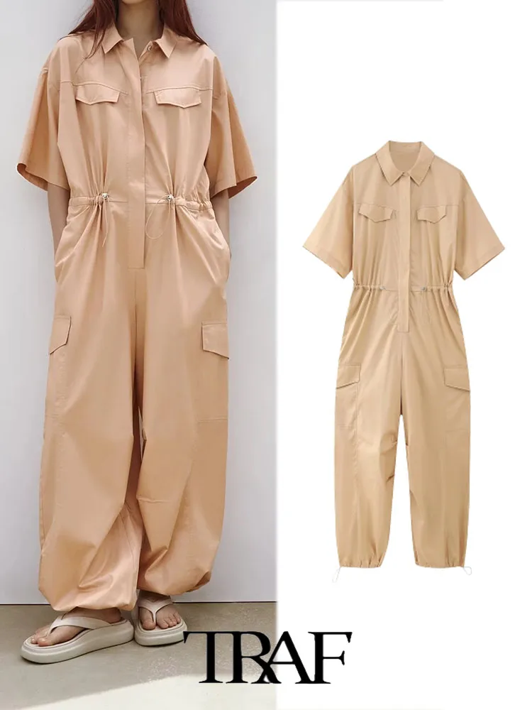 

TRAF 2023 Jumpsuit Women Fashion Windbreaker Fabric Shirt Style Short Sleeved Casual Long Jumpsuit Woman Summer Casual Bodysuit