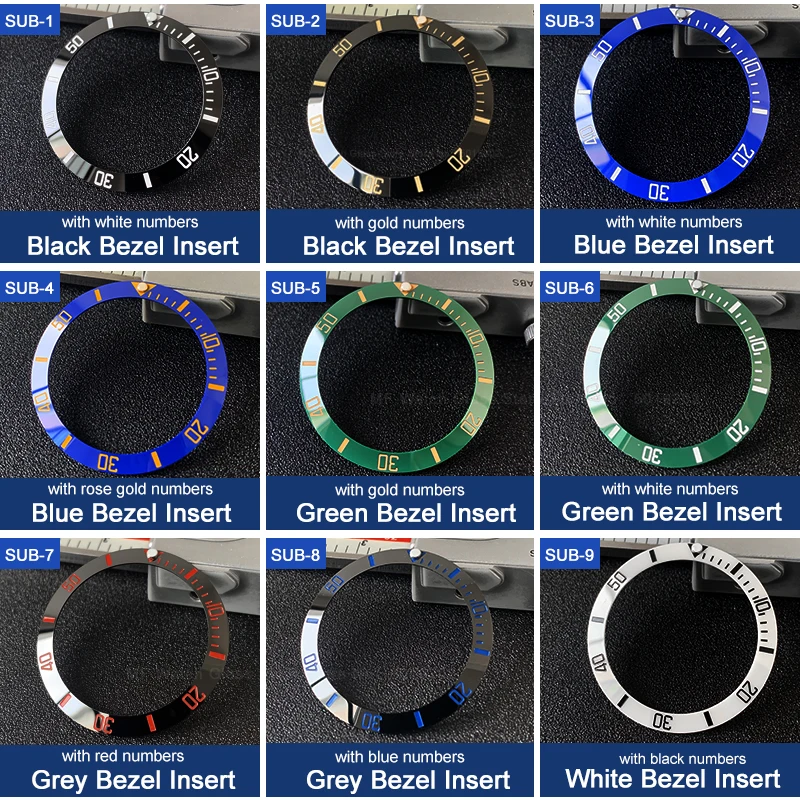 Sloped ceramic bezel insert 38*30.6mm Sub style Luminous pip at 12 For Rlx SUBMARINER MOD watch parts