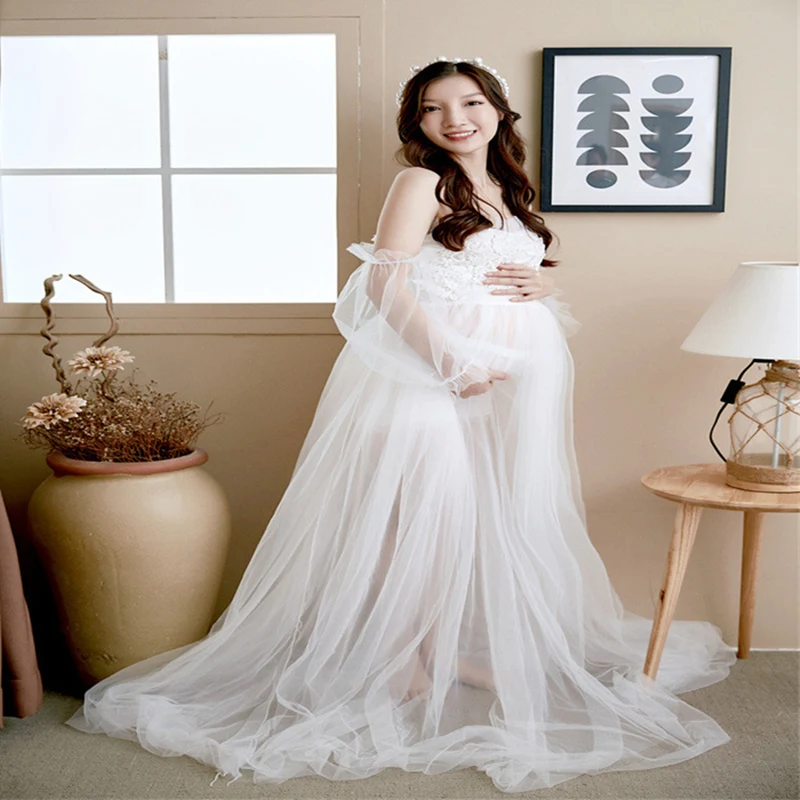 

Shoulderless Female Maternity Dresses For Photo Session Sexy Tulle Pregnancy Shooting Dress Long Pregnant Woman Photography Gown