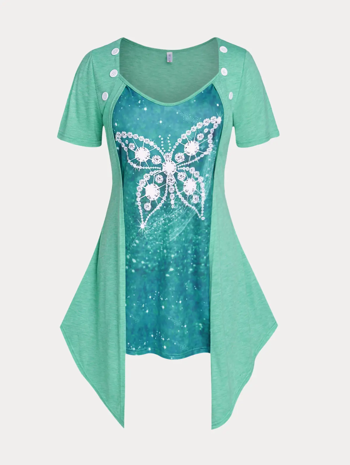 

Женская ассиметричная футболка ROSEGAL, длинная футболка неправильной длины с рисунком бабочки, зеленая футболка 2 в 1, топы с 3D рисунком