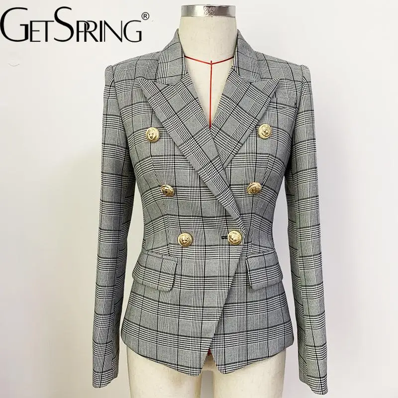 

GetSpring Women Blazer Temperament Plaid Double Breasted Ladies Suit Coat Vintage All Match Slim Female Tops 2022 Spring Autumn