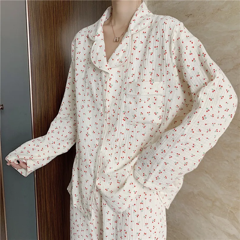 Cotton Hemp Gauze Women Pajamas Set Spring Autumn Long Sleeve Sleep Top Nightgown Korean Version Fashion Loose Home Wear New