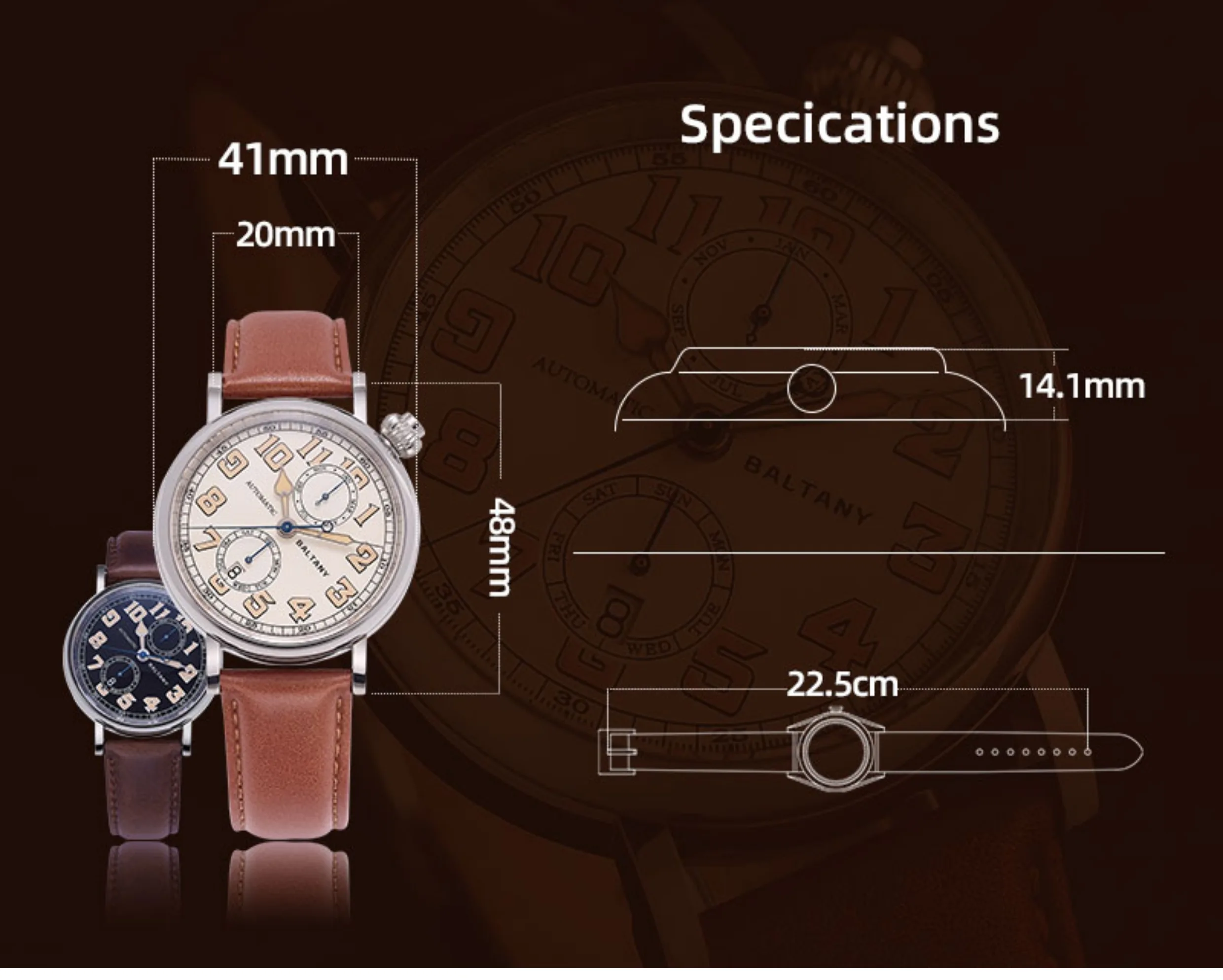 Мужские автоматические часы Baltany 41 мм ретро-часы пилота механические наручные 5ATM