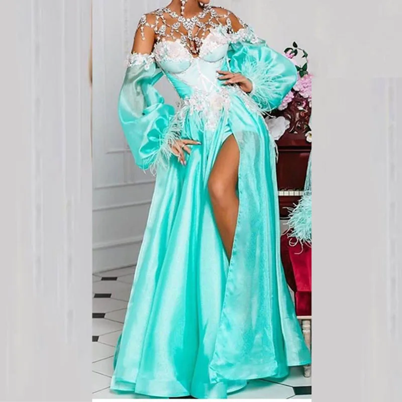 

Сексуальное платье с пышными рукавами и разрезом для особых случаев, вечерние платья без кристаллов, вечерние платья 2022, вечерние платья из ...