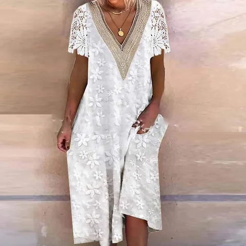 Elegant Casual Flower Print Loose Dress Summer V Neck Short Sleeve High Street Dress Women Fashion Jacquard Bohemian Beach Dress