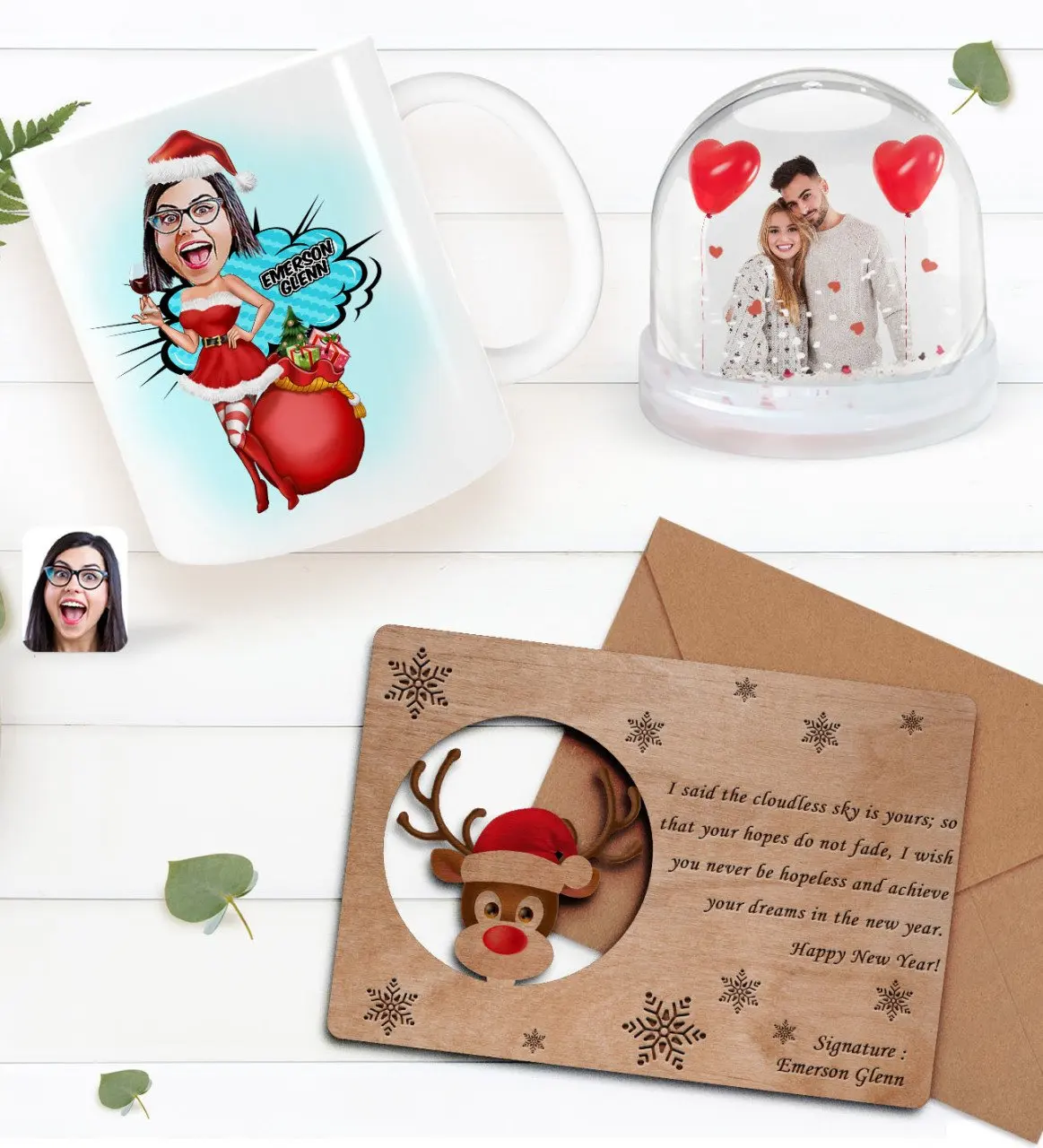 

Персонализированная фотография снежный шар и новогодняя кружка и ретро Деревянная Рождественская открытка подарок