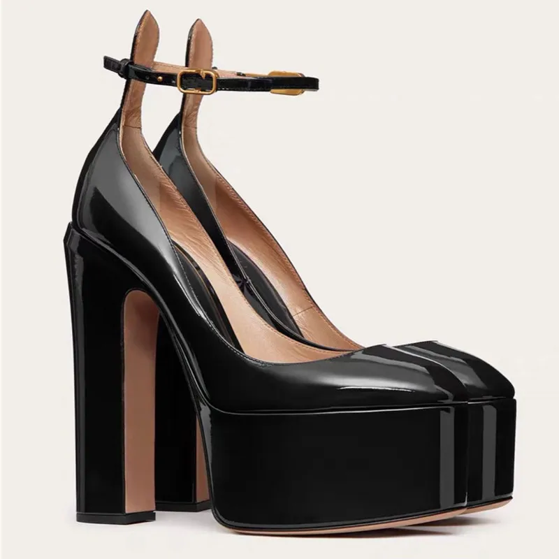 Women's Ultra-High Heels Fashion Sandals Thick Soled Patent Leather Round Head Buckle Shoes Banquet Temperament Candy Sandals