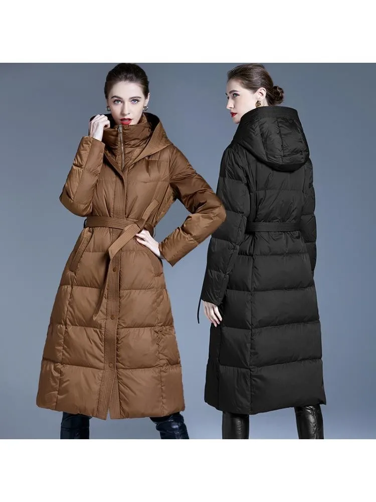 2022 Winter New Style Black X-Long 90 White Duck Down Coats Women's Hooded Lace Up Loose Thicked Padded Warmer Jackets