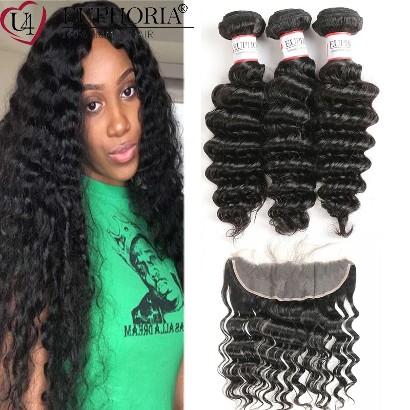

Brazilian Deep Wave Remy Human Hair 3 Bundles With Frontal Natural Color Bundles With 13x4 Lace Frontal Swiss Lace Euphoria