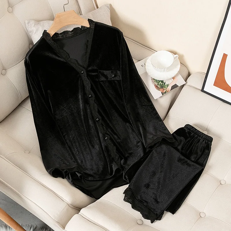 Women New Velvet Pajamas Autumn Winter Sleepwear Long Sleeve Casual Nightwear Pyjamas Suit Loose Home Clothes Lace Trim Sleep