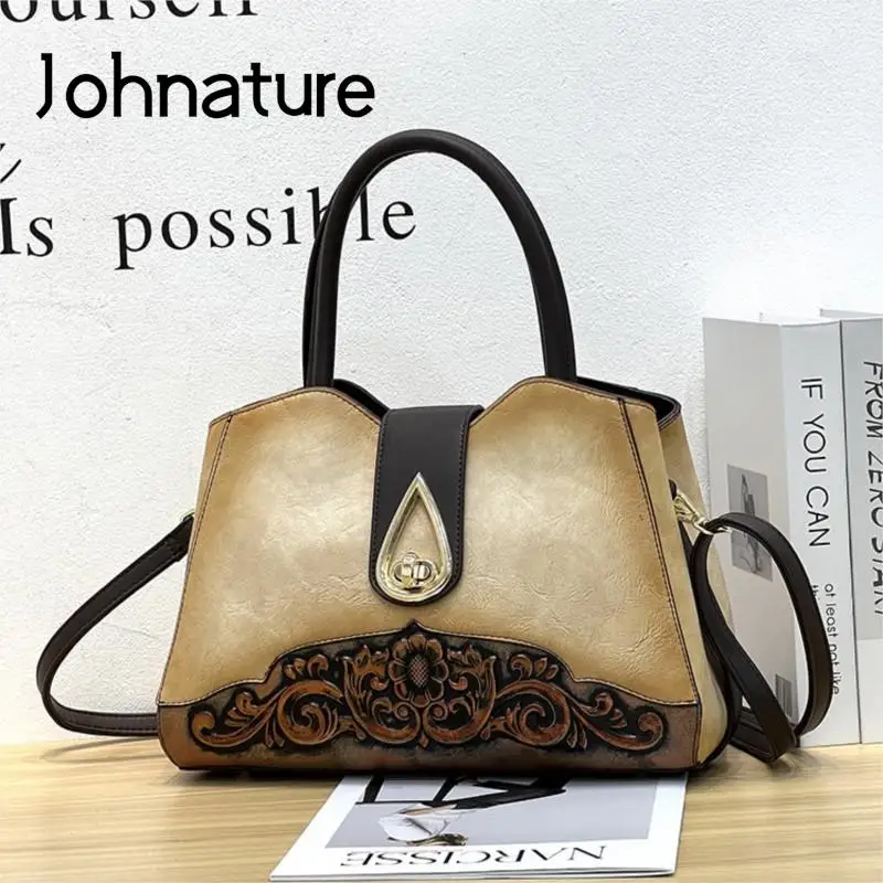 

Johnature 2023 New Vintage Embossed Luxury Handbag Versatile Women Leather Bag Large Capacity Handmade Shoulder & Crossbody Bags
