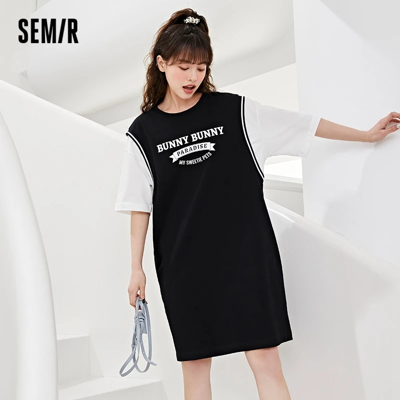 

Semir Dress Women Fake Two Hong Kong Flavor Retro T-Shirt Dresses 2022 Summer New Loose Stitching Dress Sports Style