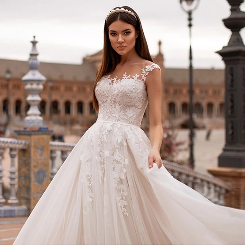 

Luxury Wedding Dress Buttons Exquisite Appliques Sleeveless Beading Sashes O-Neck Princess Mopping Vestido De Novia Women