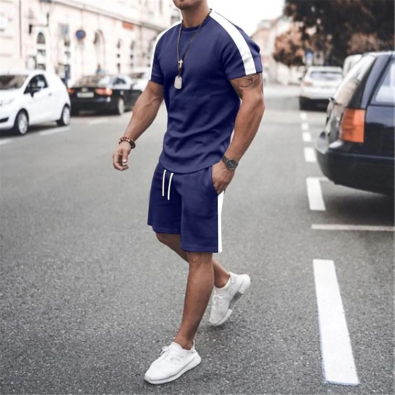 Clothes for Men T-shirt Suits 2023 Summer Hot Sales Round Neck  Solid Color Stripe Short Sleeved Top And Beach Pants 2-Piece Set