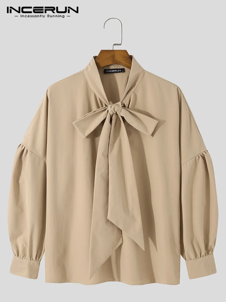 INCERUN Tops 2022 Fashion New Men Loose Long Sleeve Tie Blouse Stylish Solid Hot Sale Comfortable Casual Streetwear Shirts S-5XL