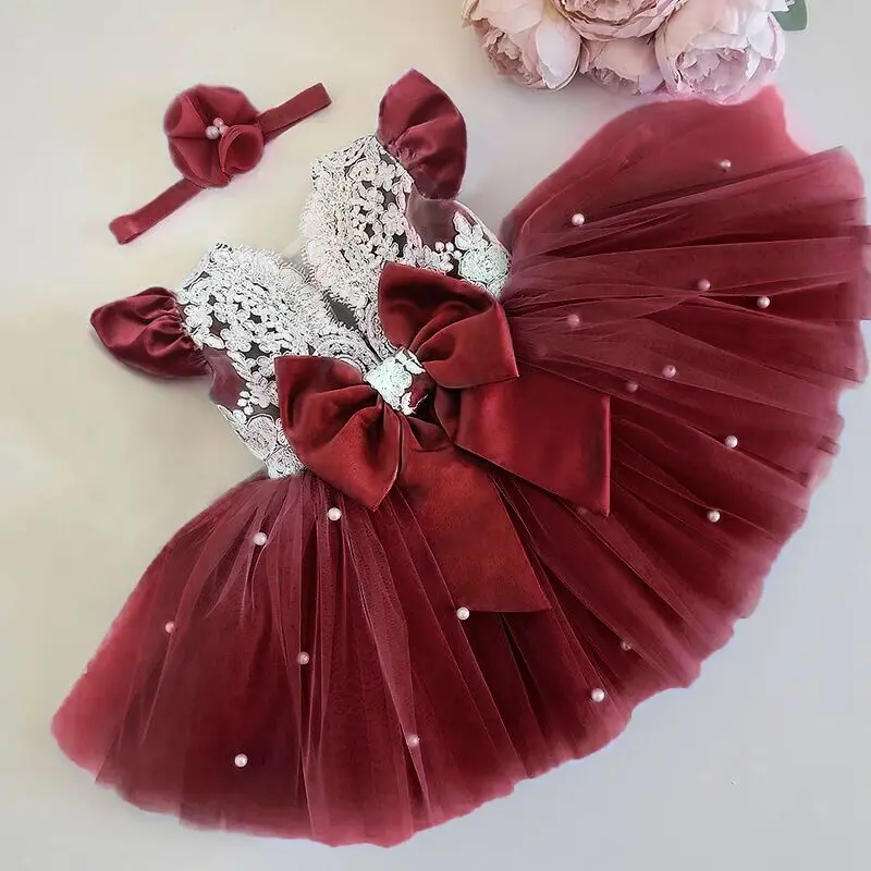 

Baby Girl Tutu Pearls Dress 1 2 3 4 5 Years Toddler Newborn Lace Children Princess Dress First Birthday Party Christening Gown