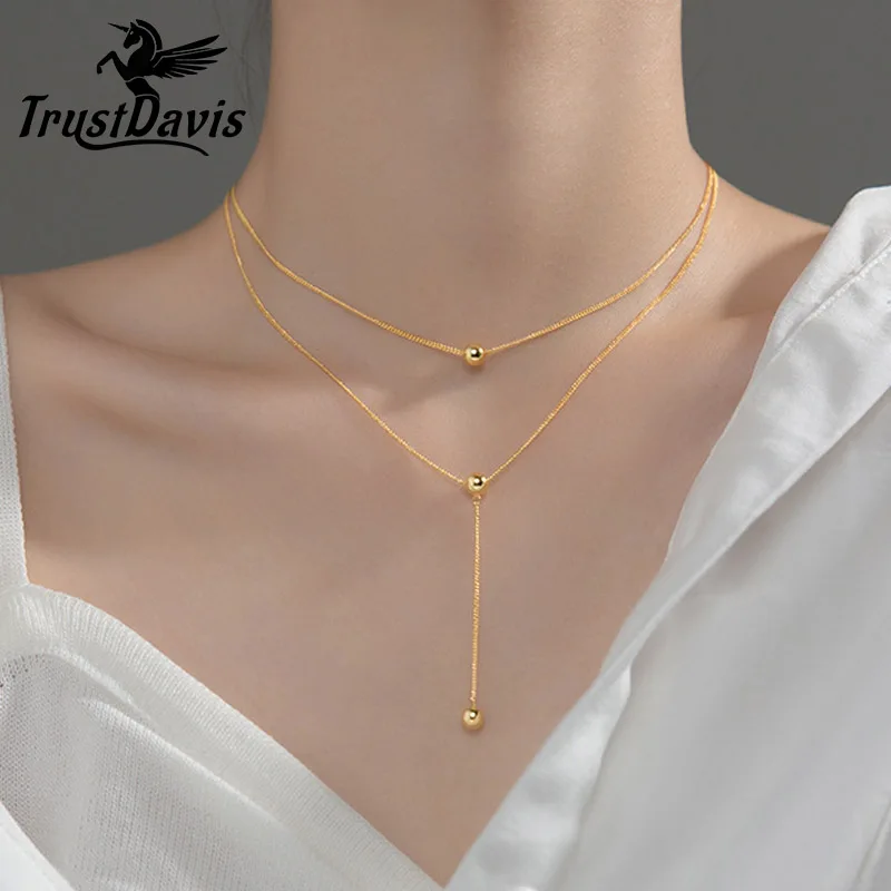 

TrustDavis Real 925 Sterling Silver Fashion Double-deck Chain Beads Necklace For Women Wedding Valentine's Day Jewelry DB293