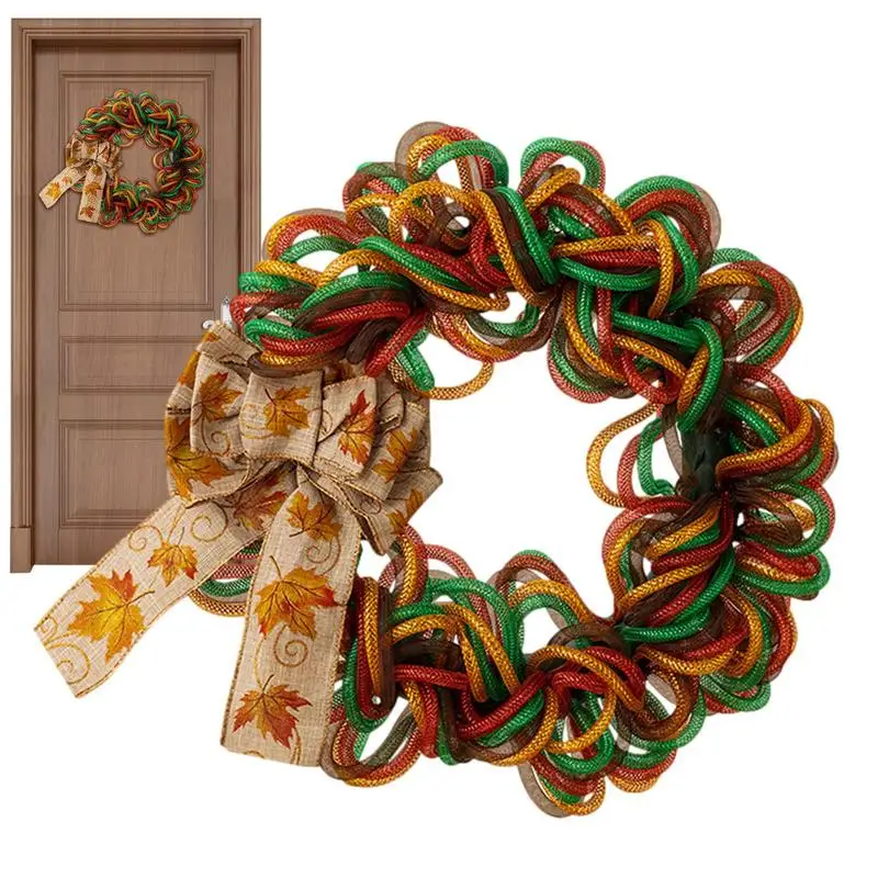 

Fall Wreath Colorful Wreath With Maple Leaves Bow Seasonal Ornament Beautiful Wreath Garland For Decorating Porch Walls Door