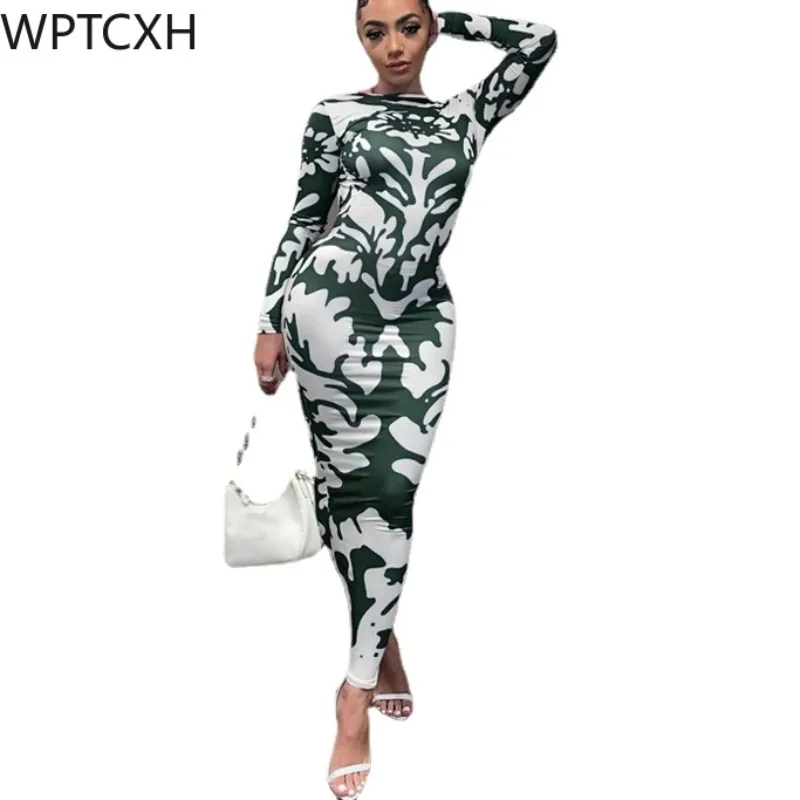 

2024 New Year Spring Women Sexy Backless Fashion Prints Long Dress ONeck Hollowedout Back Temperament Commute Bodycon Vestidos