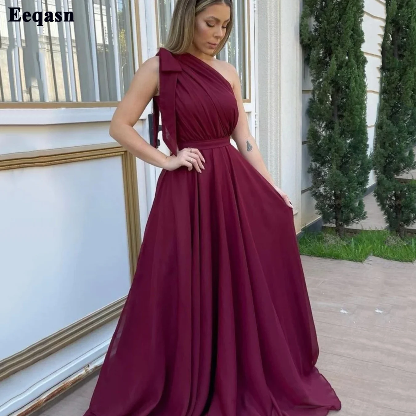 

Eeqasn A Line Chiffon Long Prom Dresses One Shoulder Pleats Formal Wedding Party Bridesmaid Dress Women Prom Gowns Pageant Dress