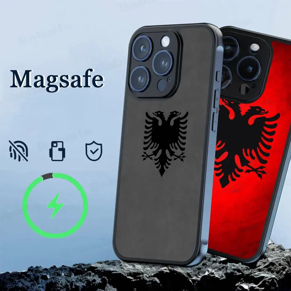 Фото Чехол для телефона с флагом Албании и альбомана, магнитный чехол для iPhone 16, 14, 13, 12, 11, 15 Pro Max Plus для Magsafe, чехол с беспроводной зарядкой №1