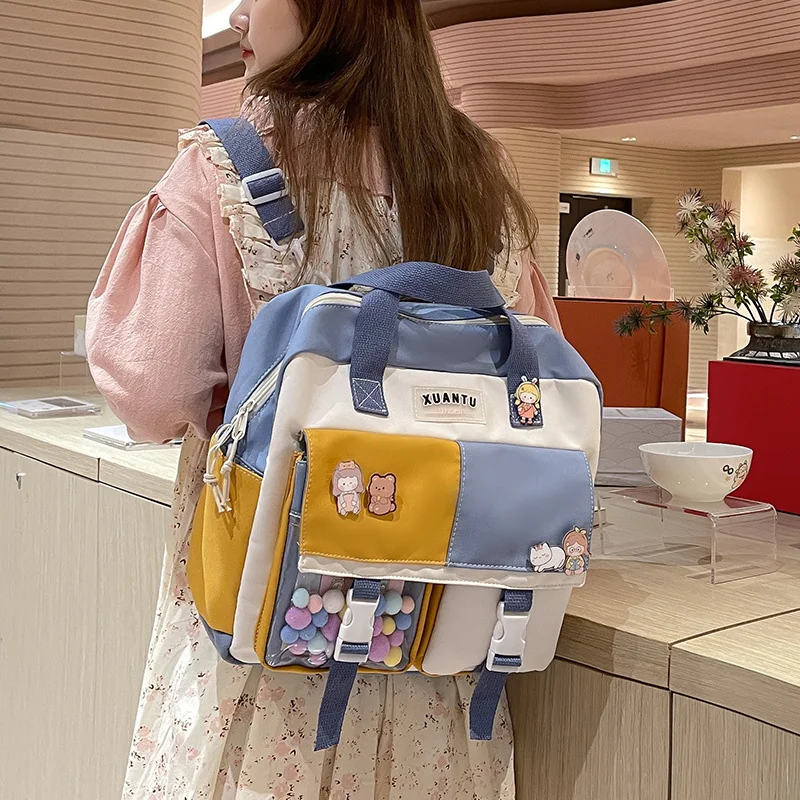 

Contrast Color Korean Style Women's Backpack Women's Bag 2023 Trend Multifunctional Schoolgirl's Nylon Fabric School Bag Kawaii