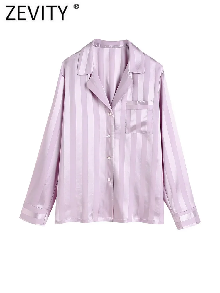 

Zevity New Women Leisure Striped Print Single Pocket Satin Shirt Female Long Sleeve Smock Blouse Roupas Chic Chemise Tops LS2440