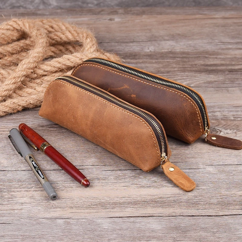 

Handmade Genuine Leather Pencil Bag Vintage Retro Style Cowhide Zipper Pen Case School Bag Office Stationery Drop Shipping