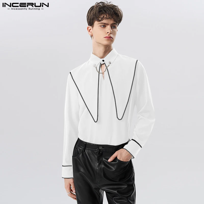 

Casual Party Shows Tops INCERUN New Mens Fashion Splicing Stand Collar Shirts Funny Line Pattern Solid Long Sleeved Blouse S-5XL