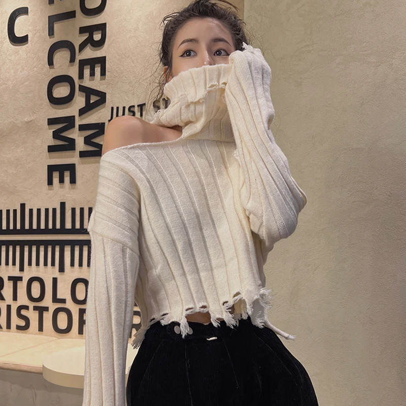 

Lady Hollow One Side Off Shoulder Turtleneck Sweaters Female Solid Color Gothic Short Length Broken Sweater Goth Tassel Jumpers