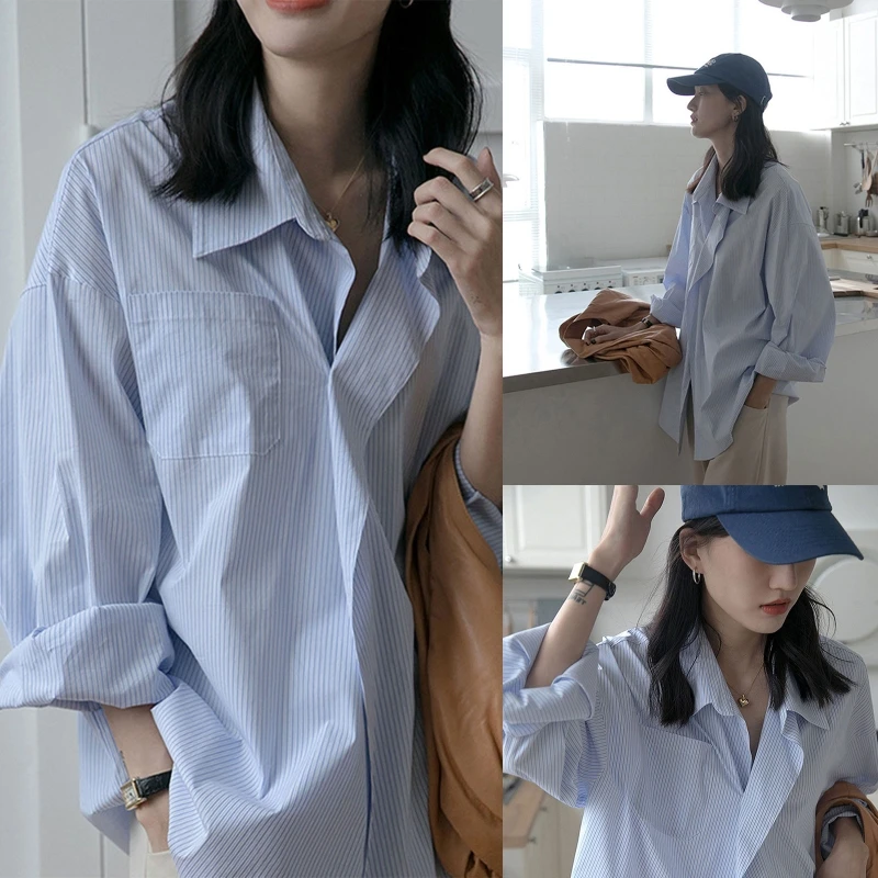 

Summer Loose Casual Striped Blouse Women Office Lady Straight Shirt Full Sleeve