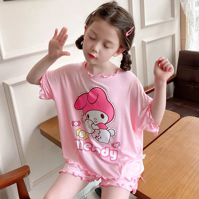

Kawaii Sanrio аниме Cinnamoroll My Melody Kurom для девочек Летний пижамный комплект мультяшная Милая хлопковая Футболка удобные шорты Домашняя одежда
