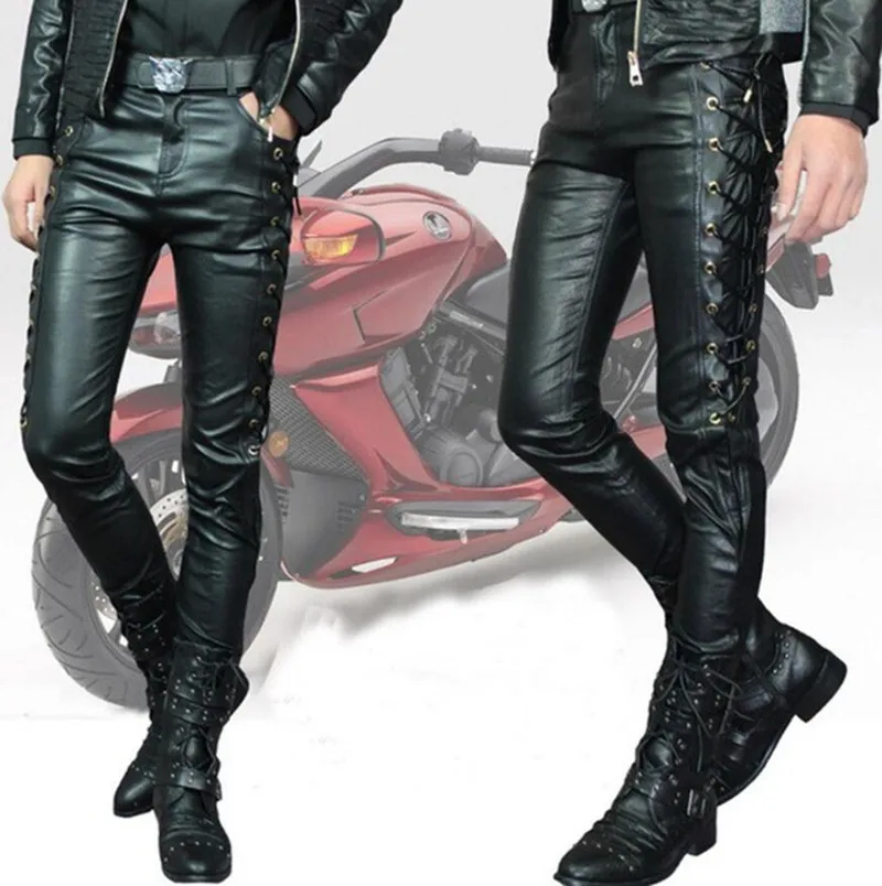 

Men's Leather Pants Men Fashion Casual Pant Male Slim Fit PU Leather Locomotive Pants Punk Rock Stage Show Clothing